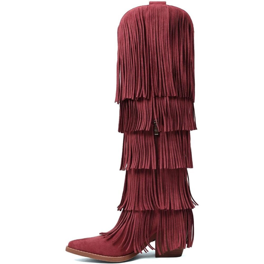 Women Red 5 Layer Fringe Knee High Western Cowgirl Boots with Pointed